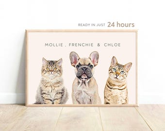 Multi Pet Portrait, Custom Pet Portraits Using Pet Photo, Cat Sympathy Gift, Pet Remembrance Gift, Custom Dog Painting, Personalized Dog Art