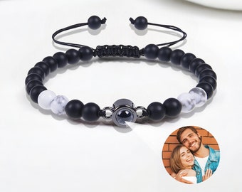 Projection Photo Bracelet for Boyfriend, Mens Personilized Stone Beaded Bracelet, Valentines day Gift for Him Memorial Anniversary Birthday