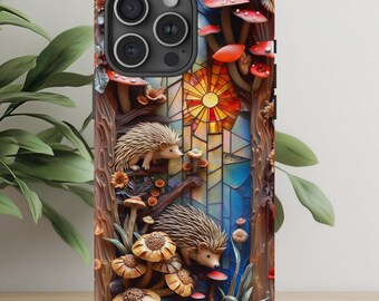 Hedgehog Mushroom Stained Glass Phone Case | Woodland Scene