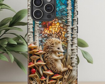 Hedgehog Stained Glass Phone Case | Birch Trees, Mushrooms, Woodland Animal
