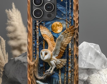 Barn Owl Moon Phone Case, Faux Carved Wood Print Forest Night Design
