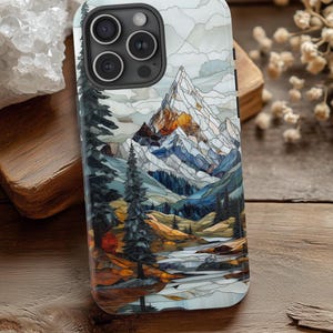 Custodia per telefono in finto vetro colorato Mountain Forrest, cover per telefono Pine Trees, custodia per paesaggio naturale, iPhone Pro Max, Google Pixel, Samsung Galaxy