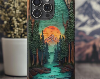 Sunset Mountain River phone case | Faux Layered Wood Carving Printed Design