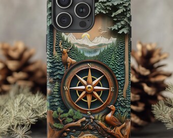 Hunters Compass Phone Case | Forest Deer Duck Fishing Scene, Outdoorsman Wildlife Wood Carving Design