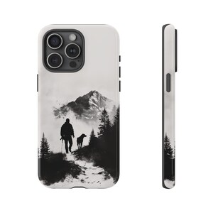 Etui na telefon z sylwetką turysty i psa, góry, etui na telefon iPhone Pro Max, Samsung Galaxy, Google Pixel, wytrzymałe etui