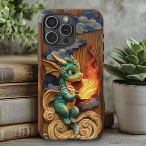 Baby Dragon 3D Wood Carved Illusion Fire-Breathing Phone Case, Fantasy Art for iPhone Pro Max Plus, Samsung Galaxy, Google Pixel Pro XL