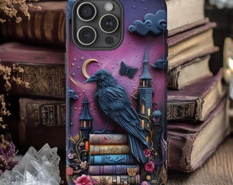 Gothic Raven boekenplank telefoonhoesje, Dark Academia, Book Lovers Gift