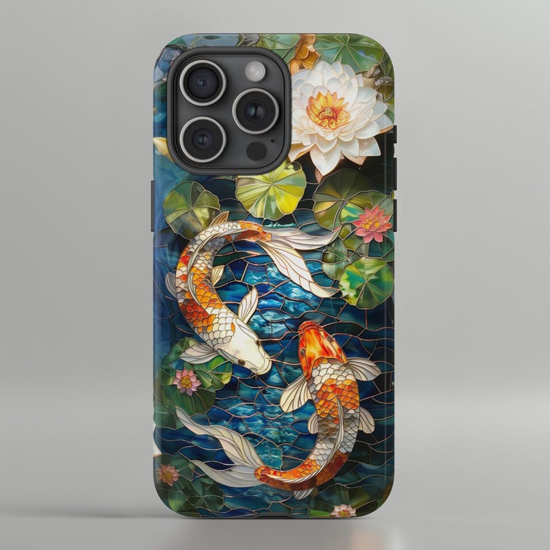 Koi Fish Pond Stained Glass Phone Case, Japanese Garden, Aquatic Phone Case, Lilly Pads image 2