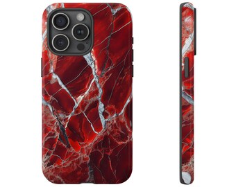 May include: Red and white marble pattern phone case for an iPhone 13 Pro Max. The case has a black border and a camera cutout.