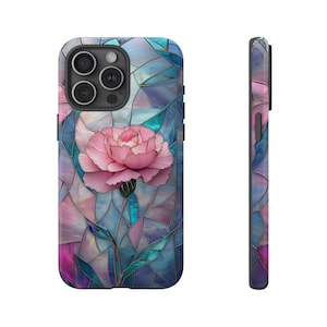 Rosa nejlika konstgjord glasblomma telefonskal, blommig telefonskal, mosaik telefonskal, iPhone Pro Max, Google Pixel, Samsung