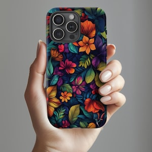 Vibrant Tropical Floral Phone Case, Bright Leaves & Flowers, Fern Phone Case, Bold Colors for iPhone Pro Max, Samsung Galaxy, Google Pixel