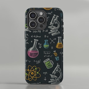 May include: Black phone case with a science-themed design. It features illustrations of microscopes, beakers, and chemical formulas in a sketched style. The background is a dark chalkboard colour.
