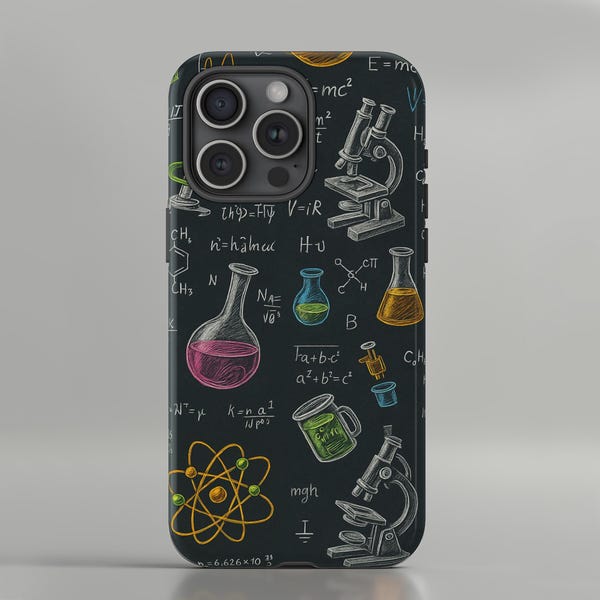 Estuche para teléfono con pizarra de ciencias, química, física y diseño de microscopio.