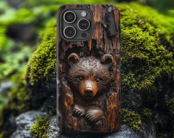 Rustic Bear Faux Wood Carved Phone Case, Printed Design