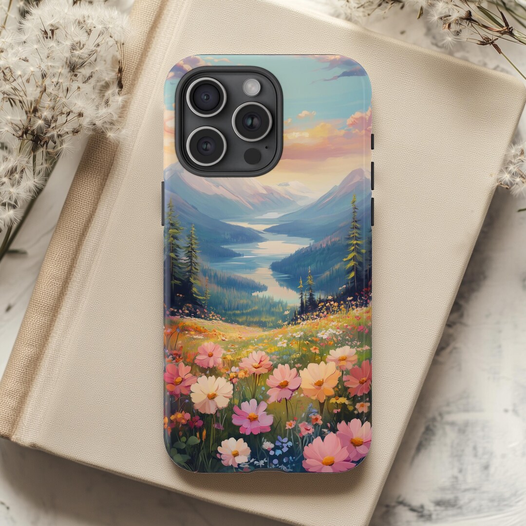 Pastel Mountain Landscape Phone Case With Floral Field, Wildflower ...