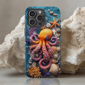 May include: A phone case with a colorful octopus design. The octopus is orange and pink with a blue background. The case also features seashells and starfish.