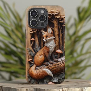 Coque de portable illusion en bois sculpté 3D Fox, oeuvre d'art animalier de la forêt avec champignons des bois et fougères, iPhone Pro Max, Google Pixel, Samsung Galaxy