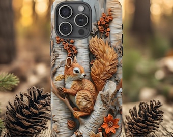 Capa para celular com estampa de floresta de esquilos e animais da floresta de bétulas.