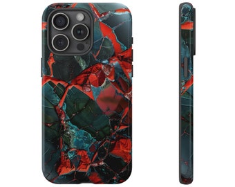 May include: A black phone case with a red, blue, and green abstract pattern. The case has a raised camera bump.