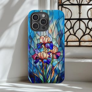 Iris Flower Floral Stained Glass Illusion Phone Case, Garden, Beautiful Iridescent Phone Case, iPhone Pro Max, Samsung Galaxy, Google Pixel