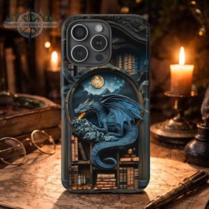 Telefonskal med bokdrake, 3D-snidad illusionsbiblioteksdesign