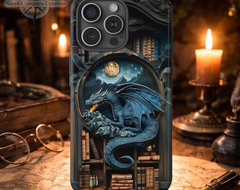 Book Dragon Phone Case, 3D Carved Illusion Library Design