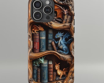 Dragon Bookshelf Phone Case, Book Lover Dragon Case, Fantasy Library Phone Case, 3D Wood Carved printed Illusion Artwork