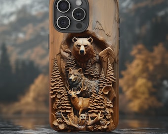 Wildlife Hunting Phone Case Bear Wolf Deer Wood Style Print, Outdoorsman Case