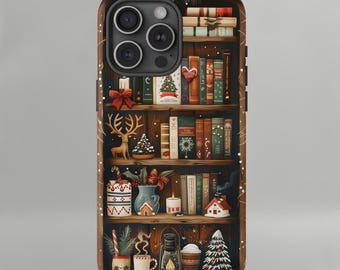 Christmas Bookshelf Phone Case | Cozy Holiday Decor Design, Cute Holiday Aesthetic