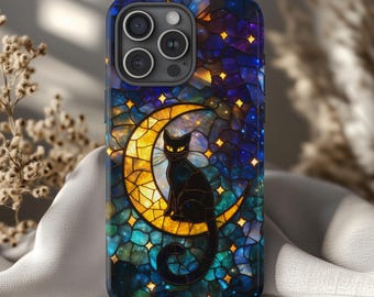 Black Cat Moon Phone Case: Stained Glass Celestial Design