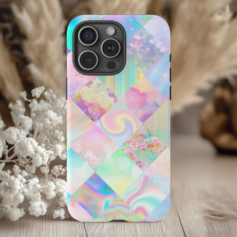 Pastelkleurige abstracte mozaïektegel telefoonhoesje, boho chic ontwerp, regenboog kleurrijk hoesje, iPhone Pro Max, Samsung Galaxy Ultra, Google Pixel XL Pro afbeelding 2