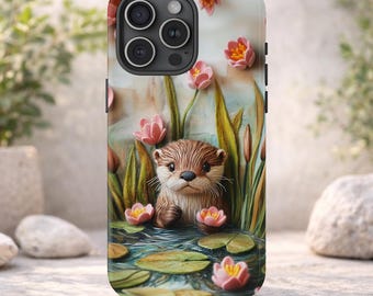 Cute Otter in Lily Pond Phone Case | Felt Otter Illustration Phone Case