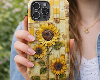 Sunflower Mosaic Phone Case, Rustic Farmhouse Floral Design