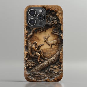 Coque de portable illusion en bois sculpté 3D Hunter & Deer, impression UV - Scène d'extérieur en grain de bois pour iPhone Pro Max, Samsung Galaxy, Google Pixel