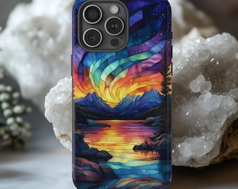 Mountain Sunrise Faux Stained Glass Phone Case, Aurora Borealis, Hiking Adventure Phone Case, iPhone Pro Max, Samsung Galaxy, Google Pixel