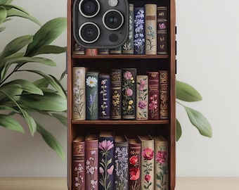 Floral Bookcase Phone Case: Vintage Botanical Library Design