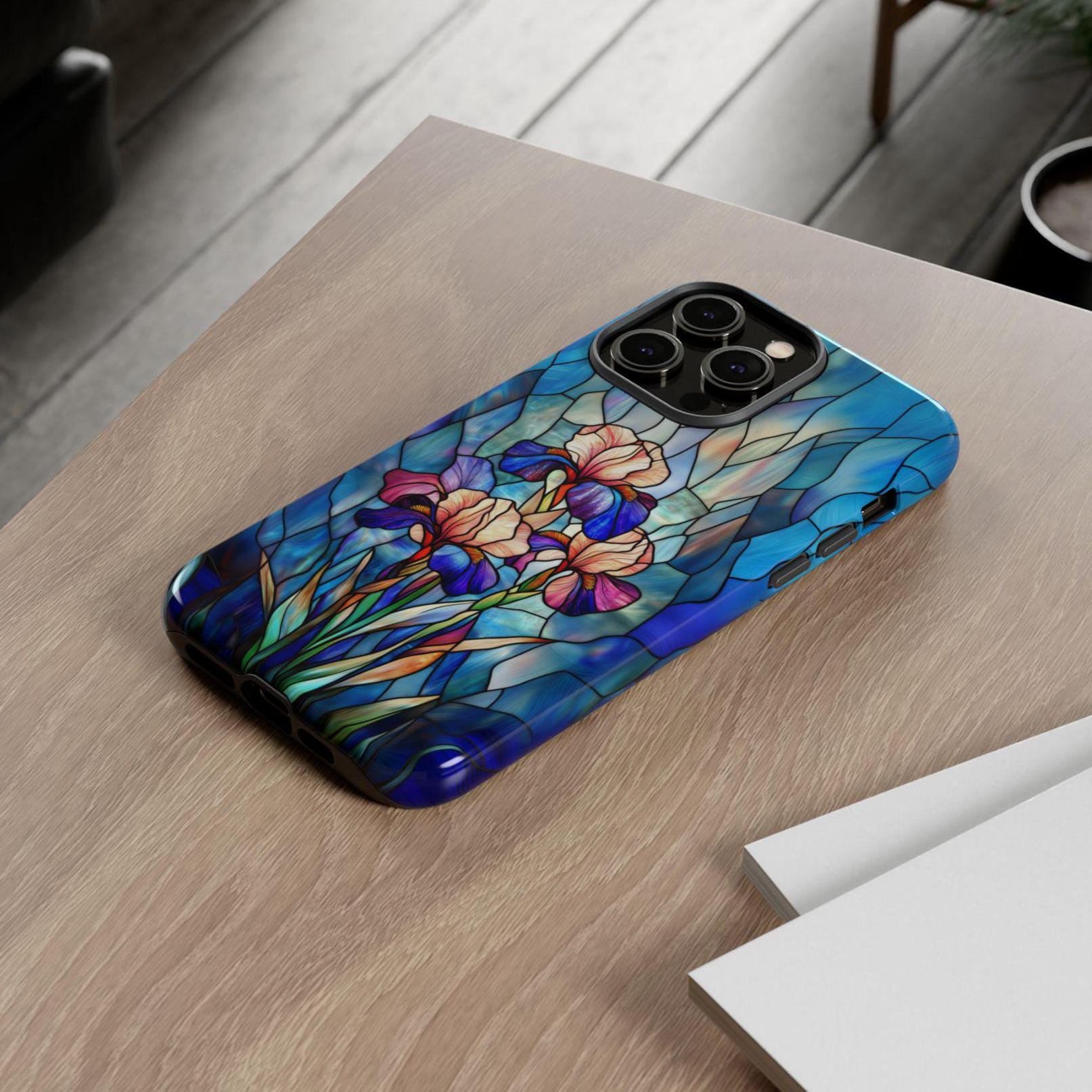 アイリスフラワーフローラルステンドグラスイリュージョン電話ケース