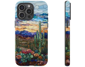 Western Desert Stained Glass Phone Case, Cactus Flowers, Iridescent Stained Glass, iPhone Pro Max 15 14 13, Samsung Case S23, Google Case
