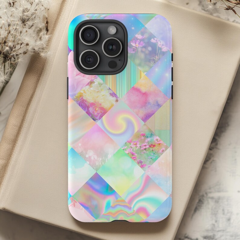 Pastelkleurige abstracte mozaïektegel telefoonhoesje, boho chic ontwerp, regenboog kleurrijk hoesje, iPhone Pro Max, Samsung Galaxy Ultra, Google Pixel XL Pro afbeelding 3