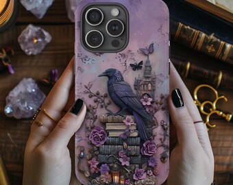 Gothic Raven Bookstack Phone Case | Purple Floral Crow Case