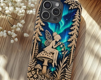 Fairy Mushroom Phone Case, Aurora Forest Wood Carving Style