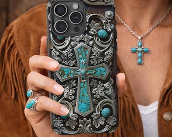 Turquoise Cross Phone Case Ornate Western Faux Metal Design