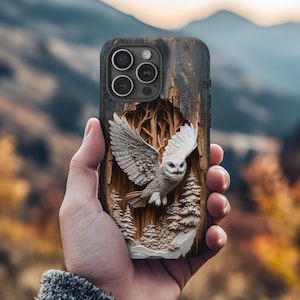 Sneeuwuil gesneden houten telefoonhoesje illusie, 3D-uilontwerp, UV-geprint ontwerp, Wizard Owl, iPhone Pro Max, Samsung Galaxy, Google Pixel