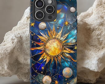 Telefonskal med målat glas i himmelsk sol och måne: Stjärnklar nattdesign