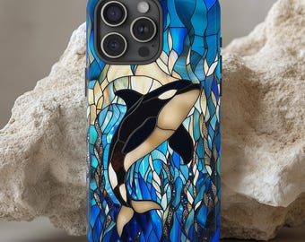 Orca Whale Stained Glass Phone Case, Killer Whale Ocean Wildlife Art