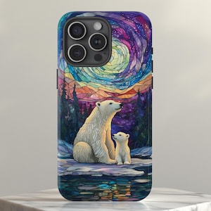 Arctic Polar Bear Faux Stained Glass Northern Lights Case, Baby Bear, Winter Scene Case, iPhone Pro Max Plus, Samsung Galaxy, Google Pixel