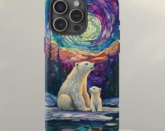 Arctic Polar Bear Faux Stained Glass Northern Lights Case, Baby Bear, Winter Scene Case, iPhone Pro Max Plus, Samsung Galaxy, Google Pixel