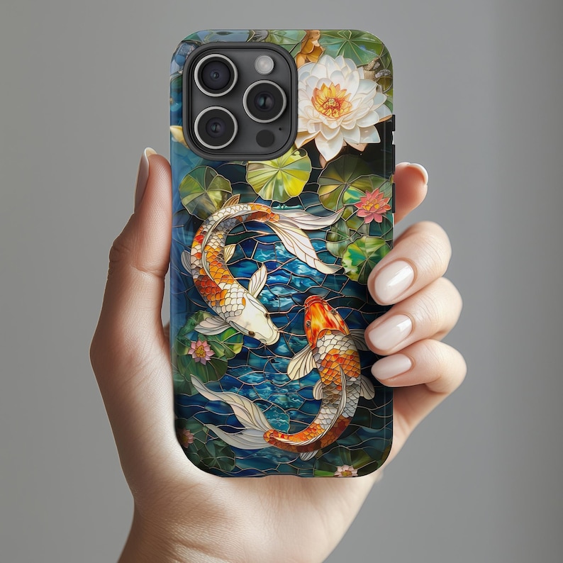Koi Fish Pond Stained Glass Phone Case, Japanese Garden, Aquatic Phone Case, Lilly Pads image 3