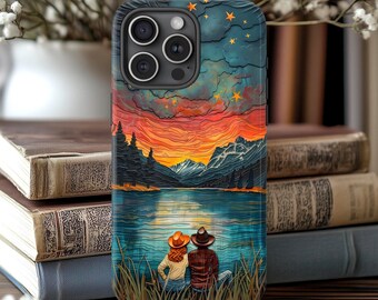 Couples Stargazing Lake Phone Case | Layered Mountain Night Sky Design