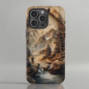 3D Holz geschnitzte Angeln Handyhülle, Naturlandschaft mit Bergen & Fluss, iPhone Pro Max, Samsung Galaxy, Google Pixel
